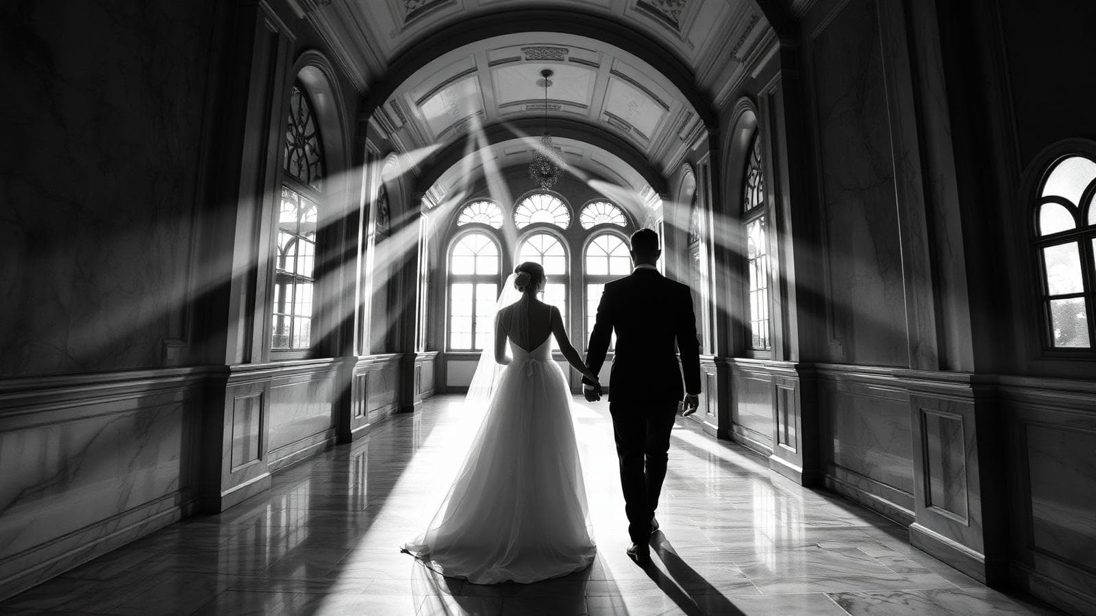Couple walking through marble corridor